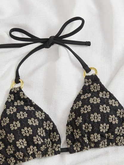 Swimwear- Textured Triangle Bra and Tie-Side Bikini - 2 Piece String Swimwear- - Chuzko Women Clothing