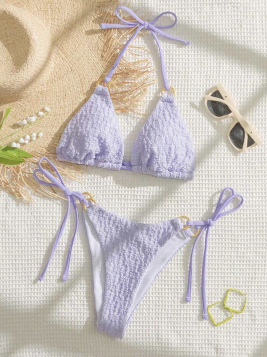 Swimwear- Textured Triangle Bra and Tie-Side Bikini - 2 Piece String Swimwear- Purple- Chuzko Women Clothing