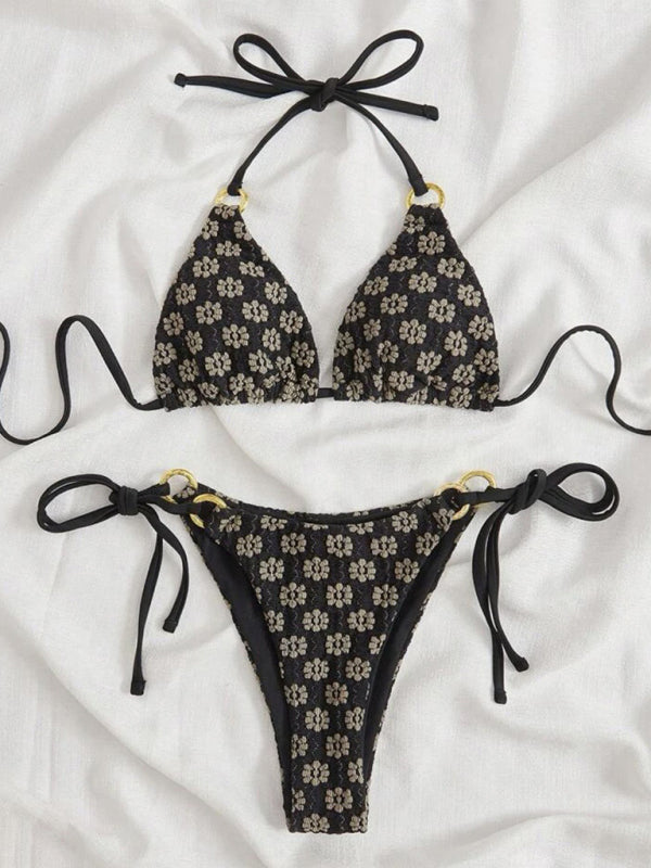 Swimwear- Textured Triangle Bra and Tie-Side Bikini - 2 Piece String Swimwear- Black- Chuzko Women Clothing