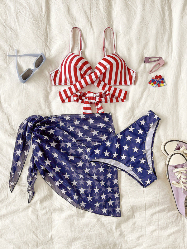 Swimwear- The Patriot 3 Piece Swimwear - Underwire Push-Up Bra & Bikini & American Flag Cover Up- Chuzko Women Clothing