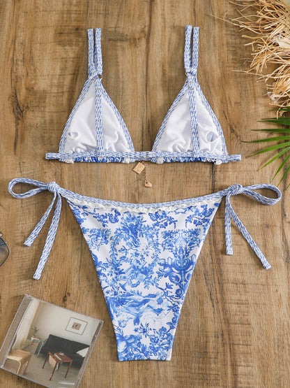 Swimwear- Tie-Side Bikini 2 Piece with Wireless Triangle Bra in Blue Print- Chuzko Women Clothing