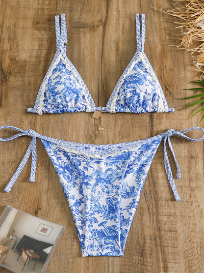 Swimwear- Tie-Side Bikini 2 Piece with Wireless Triangle Bra in Blue Print- Chuzko Women Clothing