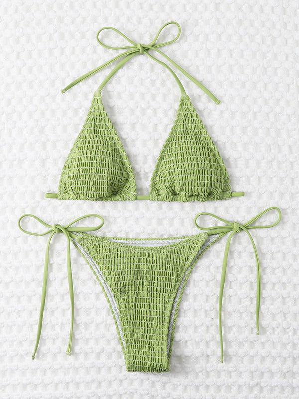 Swimwear- Tie-Side Bikini & Wireless Triangle Padded Bra in Smocked 2 Piece Swimwear- Chuzko Women Clothing