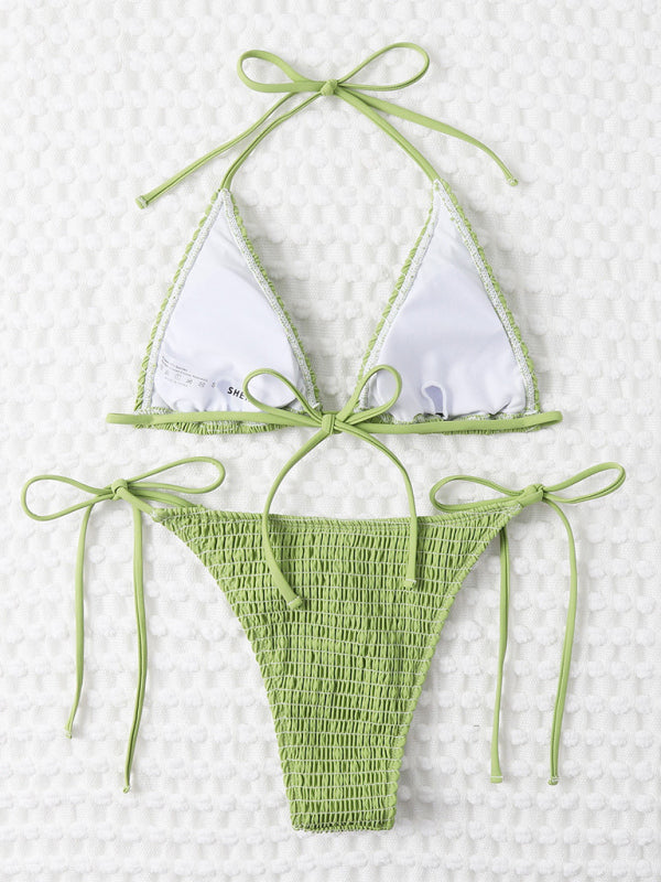 Swimwear- Tie-Side Bikini & Wireless Triangle Padded Bra in Smocked 2 Piece Swimwear- Chuzko Women Clothing