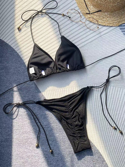 Swimwear Solid 2-Piece String Bikini Set  Halter Triangle Bra & Tie-S –  Chuzko Women Clothing