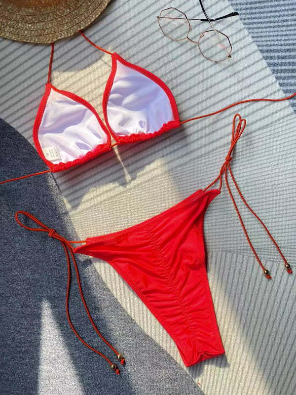 Swimwear- Tie-Side Bikini with Ruched Back & Wireless Bra in Solid 2 Piece Swimwear- Chuzko Women Clothing