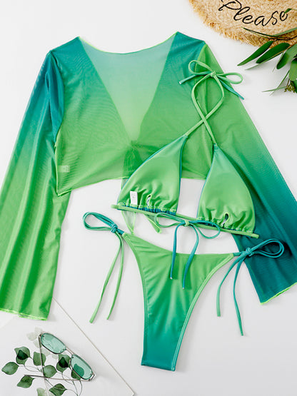 Swimwear- Triangle Bra & Tie-Side Bikini & Topper in Gradient - 3-Piece String Swimwear- Chuzko Women Clothing