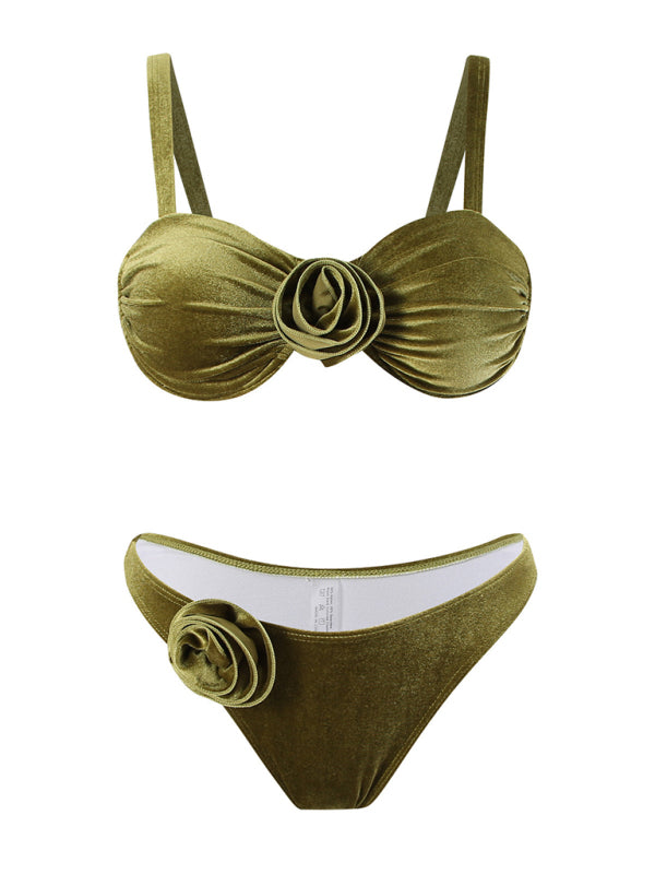 Swimwear- Velvet 2-Piece Underwire Bikini Swimwear - Bra & Flower Bottoms- Chuzko Women Clothing