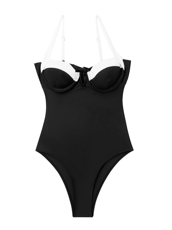 Swimwear- Vintage Black & White Backless Push-Up One Piece Swimwear- Chuzko Women Clothing