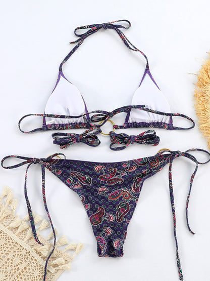 Swimwear- Wireless Tri Bra and Bikini String - 2 Piece Rings Parsley Print Swimwear- - Chuzko Women Clothing