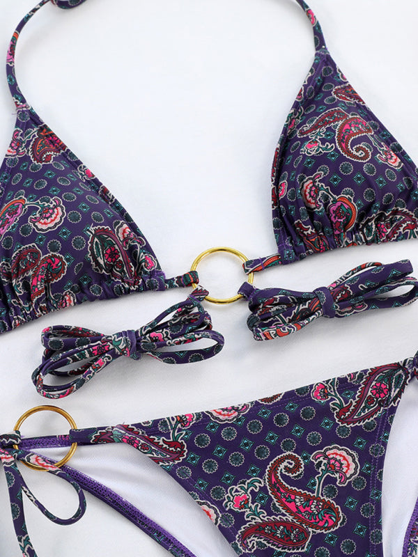Swimwear- Wireless Tri Bra and Bikini String - 2 Piece Rings Parsley Print Swimwear- - Chuzko Women Clothing