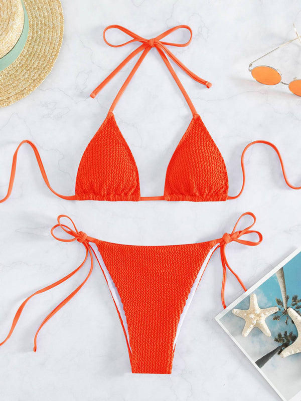 Swimwear- Wireless Triangle Bra & Textured Tie-Side Bikini - 2 Piece String Swimwear- Chuzko Women Clothing