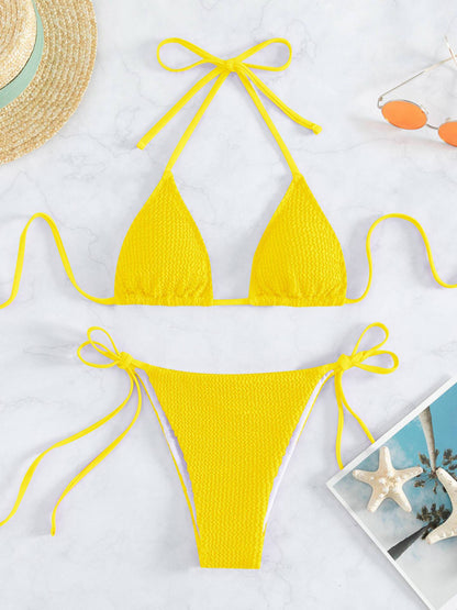 Swimwear- Wireless Triangle Bra & Textured Tie-Side Bikini - 2 Piece String Swimwear- Chuzko Women Clothing