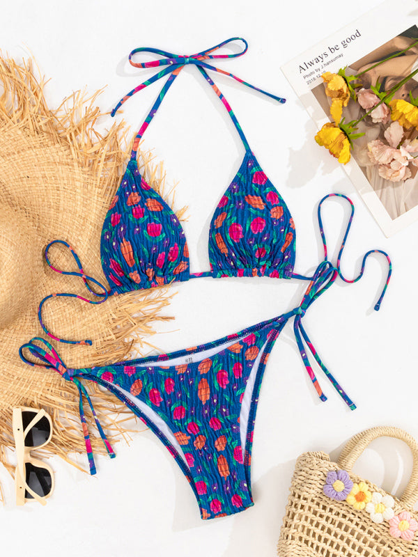 Swimwear- Wireless Triangle Padded Bra with Tie-Side Bikini | 2 Piece Floral Swimwear- Chuzko Women Clothing