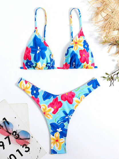 Swimwears- Floral 2-Piece Bikini Set with Wireless Triangle Bra & Brazilian High-Cut Thong- Chuzko Women Clothing