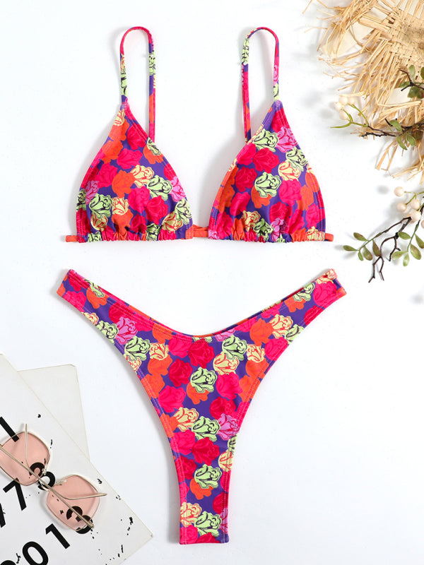 Swimwears- Floral 2-Piece Bikini Set with Wireless Triangle Bra & Brazilian High-Cut Thong- Chuzko Women Clothing