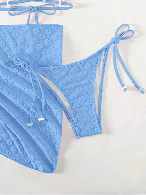 Swimwears- Wireless Halter Triangle Bra & Bottoms 3-Piece Bikini Swimwear + Cover-Up Sarong- Chuzko Women Clothing