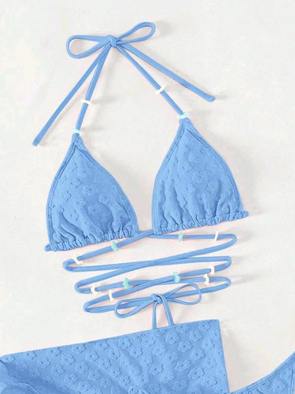 Swimwears- Wireless Halter Triangle Bra & Bottoms 3-Piece Bikini Swimwear + Cover-Up Sarong- Chuzko Women Clothing