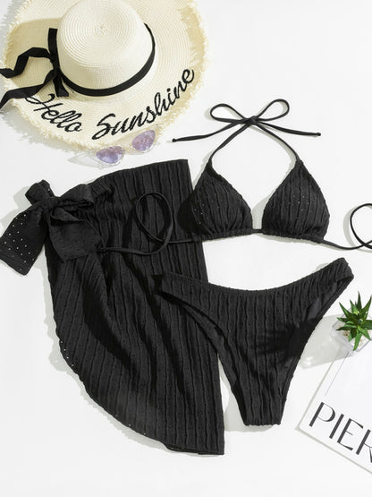 Swimwears- Wireless Halter Triangle Bra & Bottoms 3-Piece Bikini Set with Cover Up Sarong- Chuzko Women Clothing