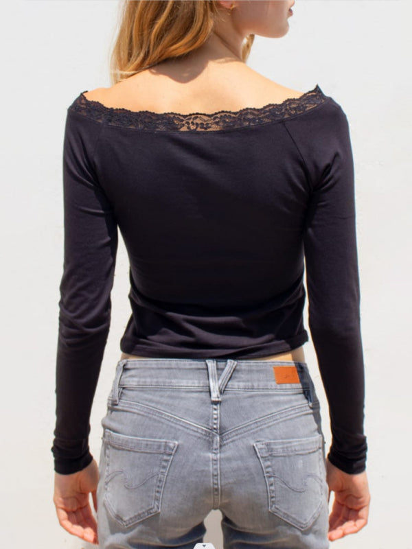 T-Shirt- Lace Boatneck Tee | Long Sleeve Top- Chuzko Women Clothing