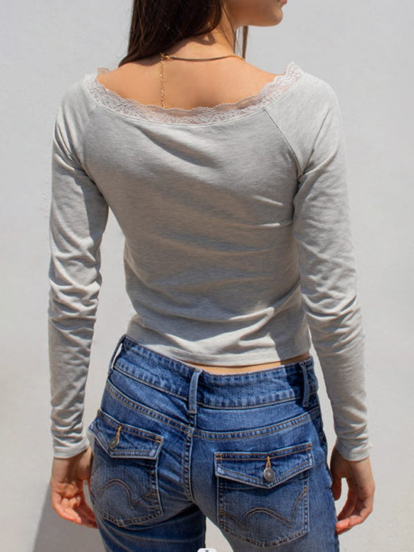 T-Shirt- Lace Boatneck Tee | Long Sleeve Top- Chuzko Women Clothing