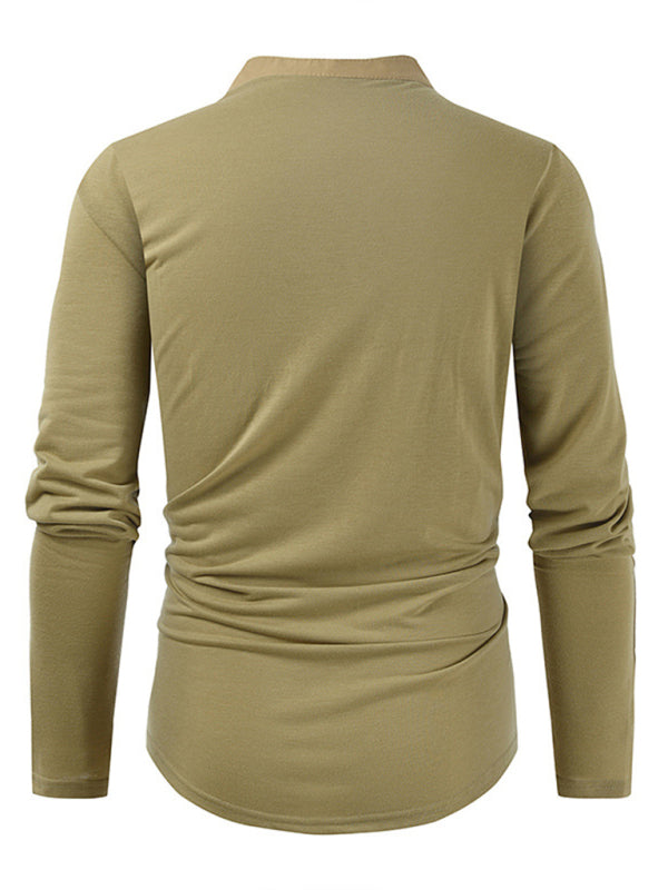 T-Shirts- Cotton Blend Men's Henley Neck Long Sleeve Tee with Buttons- Chuzko Women Clothing