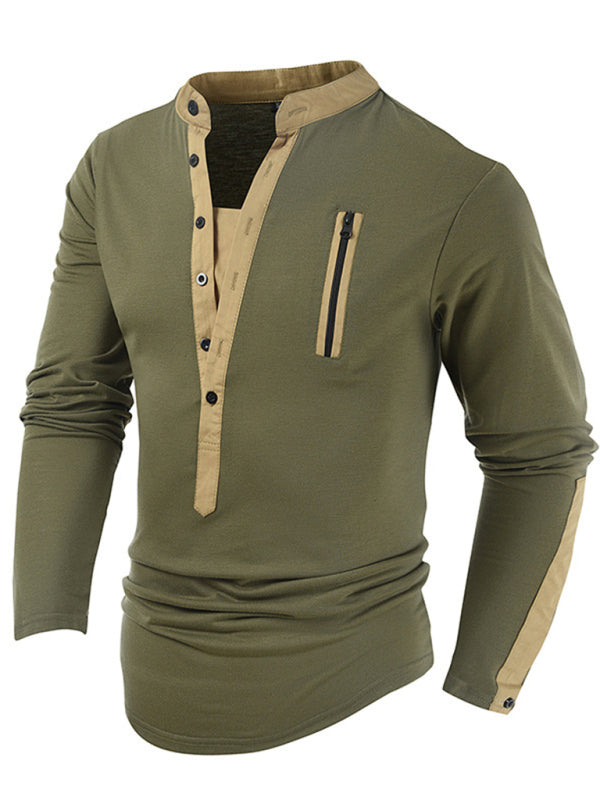 T-Shirts- Cotton Blend Men's Henley Neck Long Sleeve Tee with Buttons- Chuzko Women Clothing