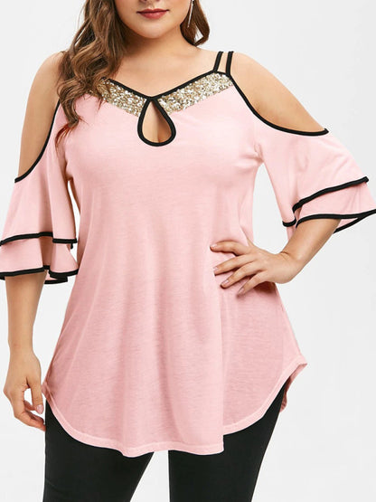 T-Shirts- Curvy Cold Shoulder T-Shirt Blouse- Pink- Chuzko Women Clothing