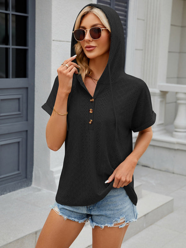 T-Shirts- Half-Buttoned Hooded T-Shirt | Short-Sleeved Textured Top- Chuzko Women Clothing