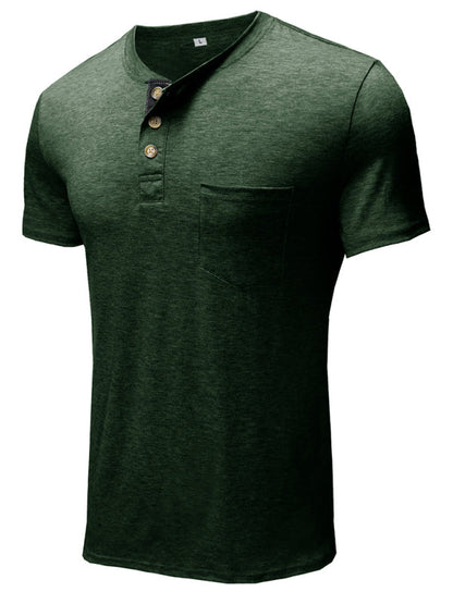 T-Shirts- Men's Essential Half-Buttoned Short Sleeve T-shirt in Solid Cotton Blend- Chuzko Women Clothing