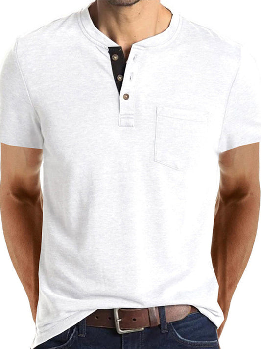 T-Shirts- Men's Essential Half-Buttoned Short Sleeve T-shirt in Solid Cotton Blend- Chuzko Women Clothing