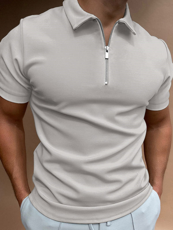 T-Shirts- Men's Solid Half Zip-Up Polo Short Sleeve T-shirt- Chuzko Women Clothing