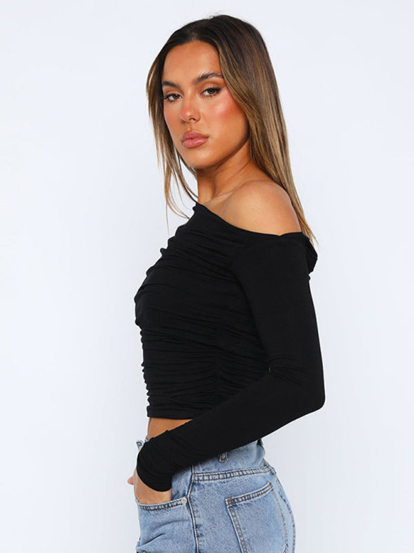 T-Shirts- One Shoulder Fitted Crop Top for Relaxing Getaways- Chuzko Women Clothing