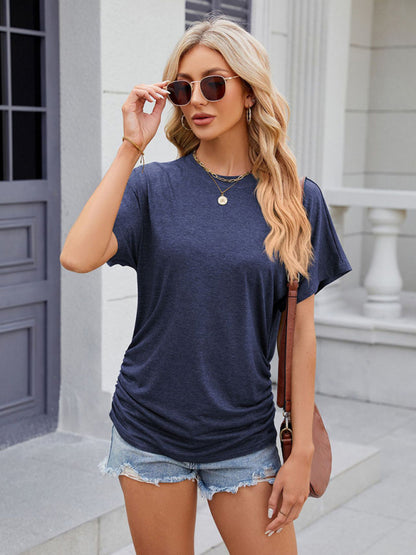 T-Shirts- Ruched Sides Tee | Casual Solid Color Short Sleeve Top- Chuzko Women Clothing