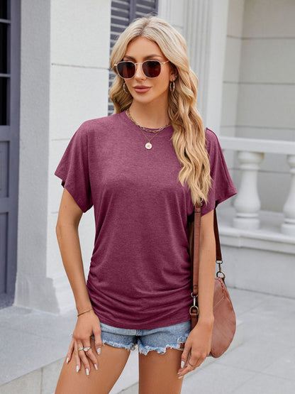 T-Shirts- Ruched Sides Tee | Casual Solid Color Short Sleeve Top- Chuzko Women Clothing