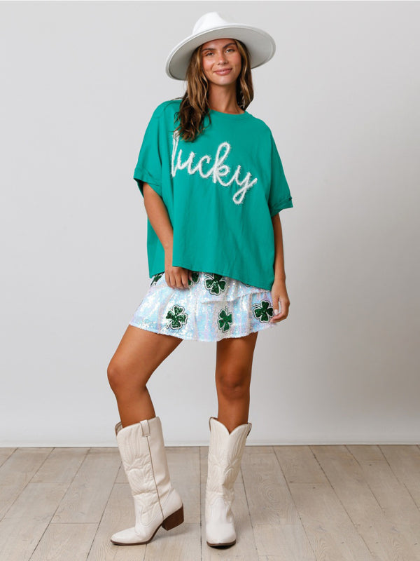 T-Shirts- Saint Patrick's Oversized Tee - Sparkle Lucky T-Shirt- Chuzko Women Clothing
