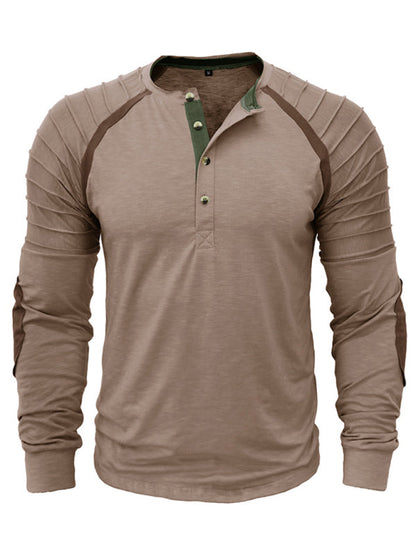 T-Shirts- Solid Henley Neck Muscle Long Sleeve T-shirt for Men- Chuzko Women Clothing