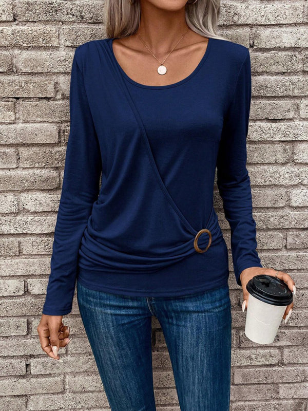 T-Shirts- Solid Surplice Scoop Neck Tee | Long-Sleeve Top- Chuzko Women Clothing
