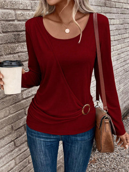 T-Shirts- Solid Surplice Scoop Neck Tee | Long-Sleeve Top- Chuzko Women Clothing