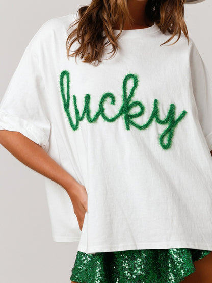 T-Shirts- Sparkle-Patched Lucky Oversized T-Shirt for Saint Patrick's Day- Chuzko Women Clothing