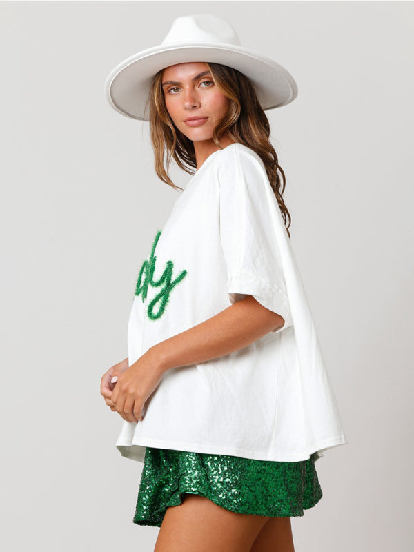 T-Shirts- Sparkle-Patched Lucky Oversized T-Shirt for Saint Patrick's Day- Chuzko Women Clothing