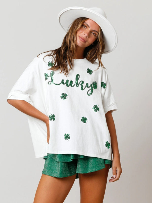 T-Shirts- Sparkle Saint Patrick's Oversized T-Shirt with Lucky Four-Leaf Clover- Chuzko Women Clothing