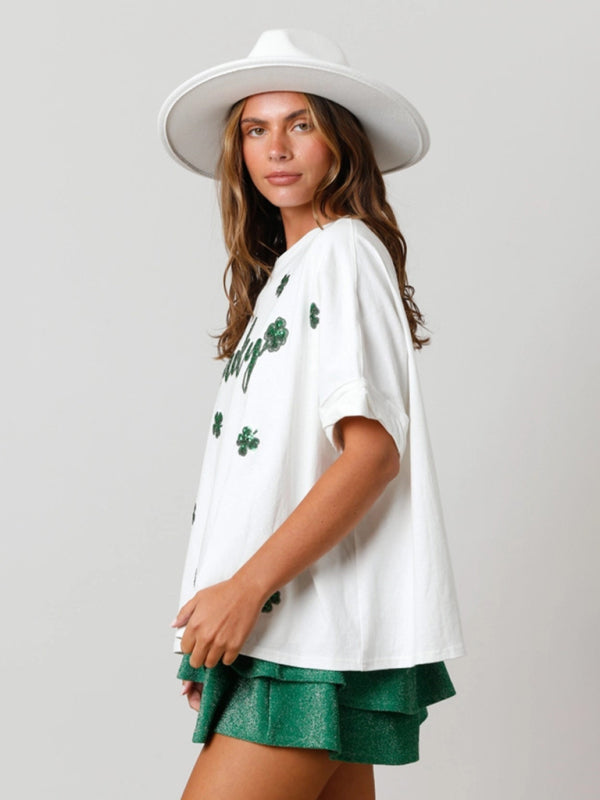 T-Shirts- Sparkle Saint Patrick's Oversized T-Shirt with Lucky Four-Leaf Clover- Chuzko Women Clothing