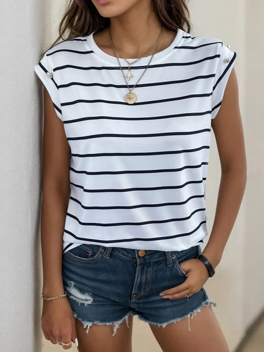 T-Shirts- Striped Tee with Cap Sleeves & Fancy Side Buttons T-Shirt for Women- White- Chuzko Women Clothing
