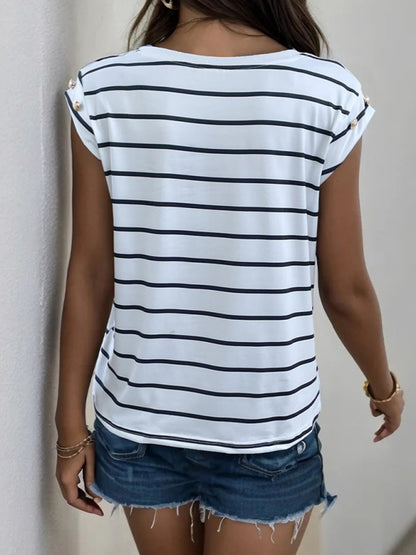 T-Shirts- Striped Tee with Cap Sleeves & Fancy Side Buttons T-Shirt for Women- - Chuzko Women Clothing