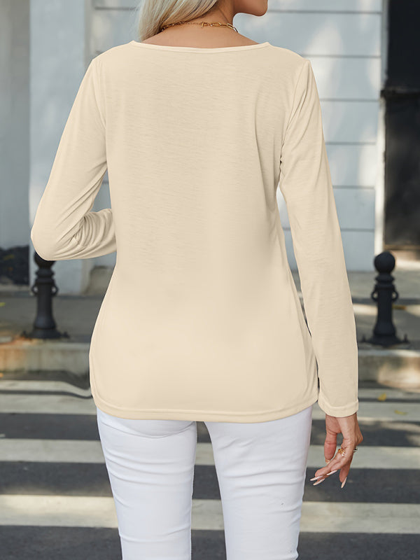 T-Shirts- Women's Boatneck Long Sleeve Tee with Chic Side Buttons- - Chuzko Women Clothing