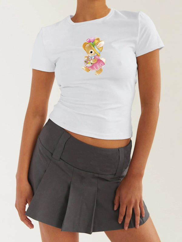 T-Shirts- Women's Easter Egg Print T-Shirt - Holly Week Bunny Crop Tee- Pastel pink- Chuzko Women Clothing