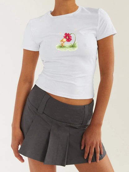 T-Shirts- Women's Easter Egg Print T-Shirt - Holly Week Bunny Crop Tee- Red- Chuzko Women Clothing