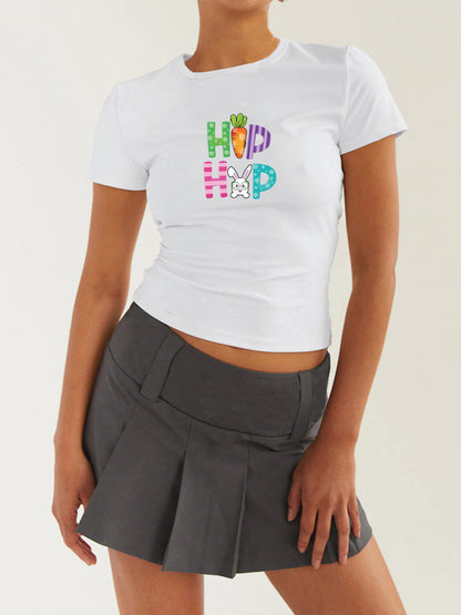 T-Shirts- Women's Easter Egg Print T-Shirt - Holly Week Bunny Crop Tee- White- Chuzko Women Clothing