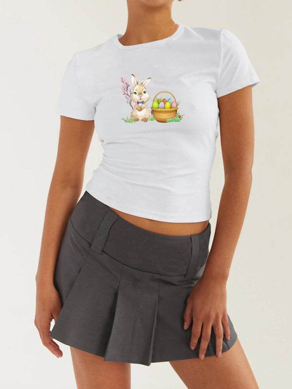 T-Shirts- Women's Easter Egg Print T-Shirt - Holly Week Bunny Crop Tee- Pale green- Chuzko Women Clothing